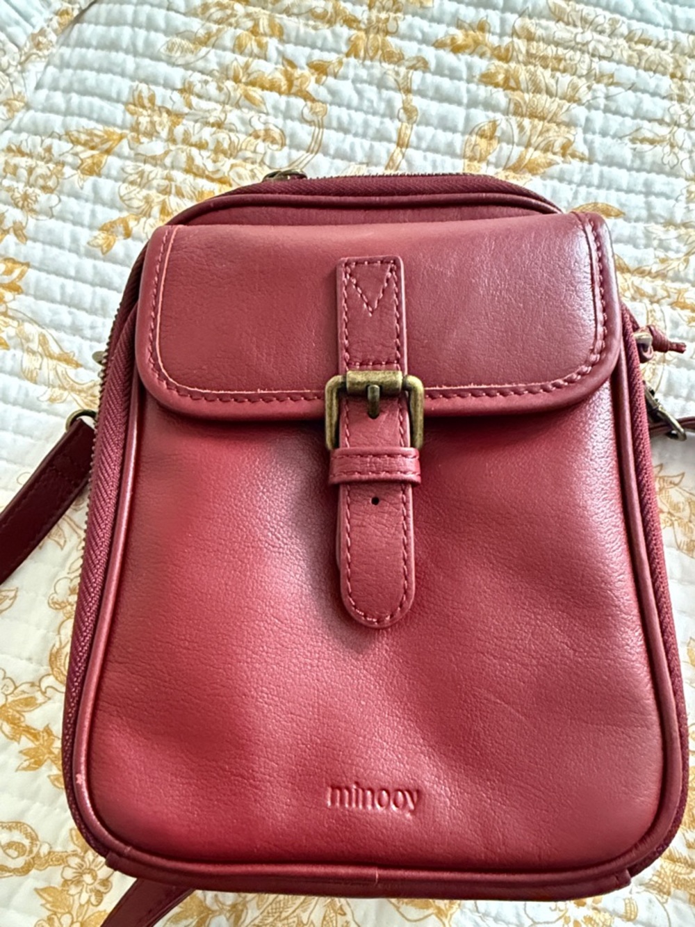 Minoy Crimson Leather Crossbody Bag with Buckle Flap